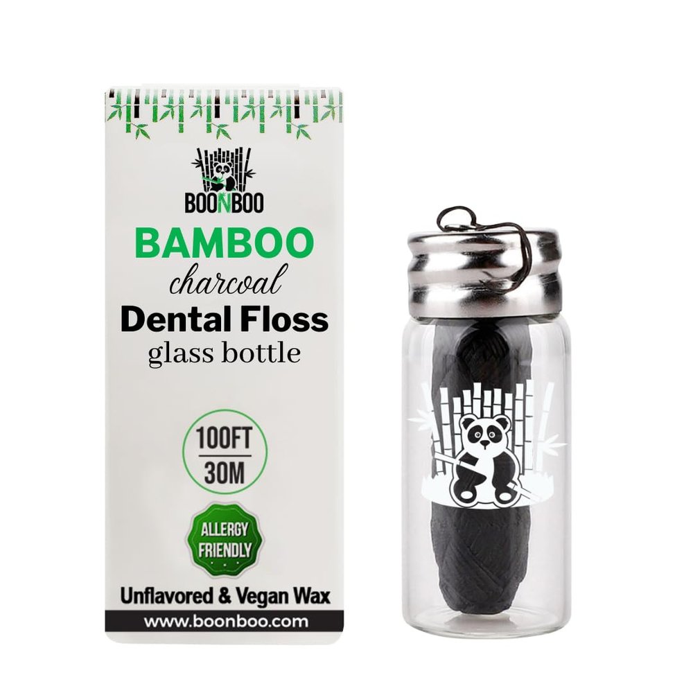 Boonboo Dental Floss | 100FT/30M Bamboo Woven Fiber | Unflavored & Vegan Wax | Glass Bottle & Cutting Lid | Biodegradable & Sustainable (Unflavored)