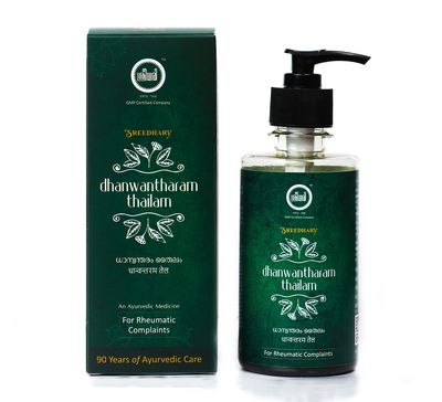 Sreedhary Dhanwantharam Thailam 200ml | Pack of 1 | 100% Ayurvedic Massage Oil for Pain Relief Muscle Inflamations Vata Disorders Pre Natal and Post Natal Massage| No Artificial Ingredients Added