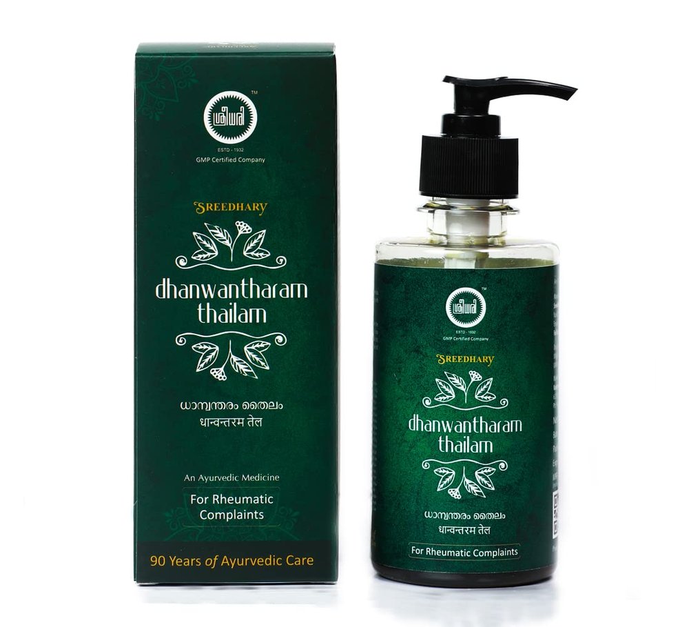Sreedhary Dhanwantharam Thailam 200ml | Pack of 1 | 100% Ayurvedic Massage Oil for Pain Relief Muscle Inflamations Vata Disorders Pre Natal and Post Natal Massage| No Artificial Ingredients Added