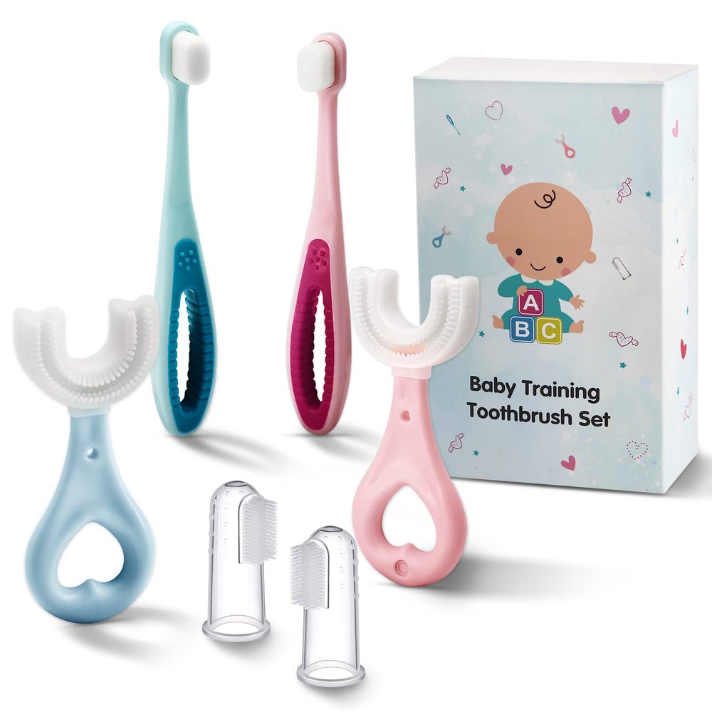 6 in 1 Baby Training Toothbrush Set - Infant to Toddler Toothbrush Oral Care Toothbrush for Baby - Food Grade Silicone,Extra Soft Bristles,Perfect for 6+,12+,24+ Months,Baby Essentials Gift(6-Pack)