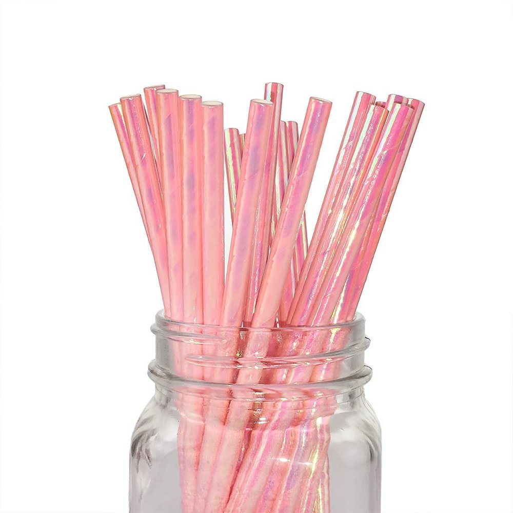 Coral Pink Pearl Paper Straws Bulk 100, Iridescent Pink Paper Straws, Cocktail Iridescent Decorations Disposable Sparkle Straws for Pink Party Birthday Wedding in Bright Rainbow