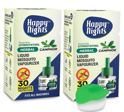 Happy Nights Mosquito Repellent | Herbal Comphor Repellent | Prevents from Mosquitoes | Safe for Children | 45 ML Repellent (Pack of 2 Refill plus 1 machine)