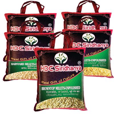 HDC Siridhanya Unpolished 5 Positive Millets (Kodo, Little, Barnyard, Foxtail and Browntop) Each Bag 500g vacuum packed with 12 months shelf life. Naturally grwon from Andhra Pradesh.
