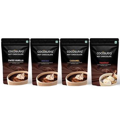 COCOSUTRA Hot Chocolate Mix Combo | Swiss Vanilla, Mocha, Caramel & Hazelnut Flavoured | Enjoy hot or cold | Pack of 4 (Each 100 g) 400 g | Drinking Chocolate powder