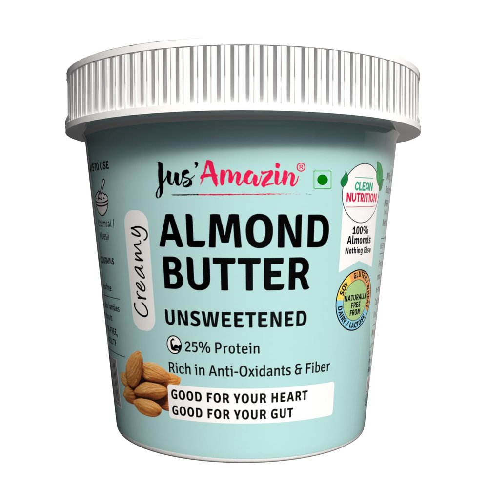 Jus' Amazin Creamy Almond Butter - Unsweetened (1 Kg Tub) | 25% Protein | Only Whole Almonds (100% Pure) | Zero Additives | Keto | Plant Based Nutrition | Clean Nutrition