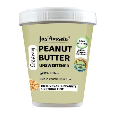 Jus' Amazin Creamy Organic Peanut Butter - Unsweetened (1Kg Tub) | 31% Protein | Single Ingredient - 100% Organic Peanuts (no added Sugar/Salt) | Dairy Free | Keto | Clean Nutrition