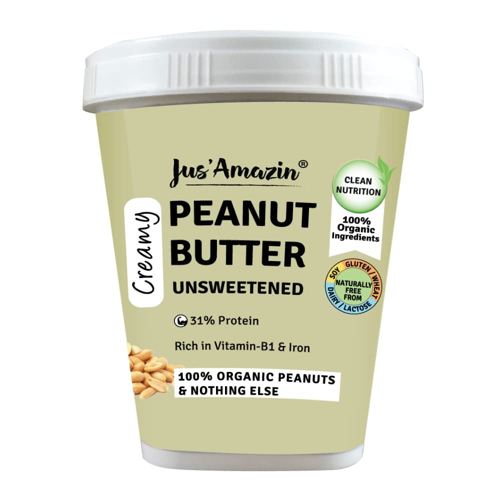 Jus' Amazin Creamy Organic Peanut Butter - Unsweetened (1Kg Tub) | 31% Protein | Single Ingredient - 100% Organic Peanuts (no added Sugar/Salt) | Dairy Free | Keto | Clean Nutrition