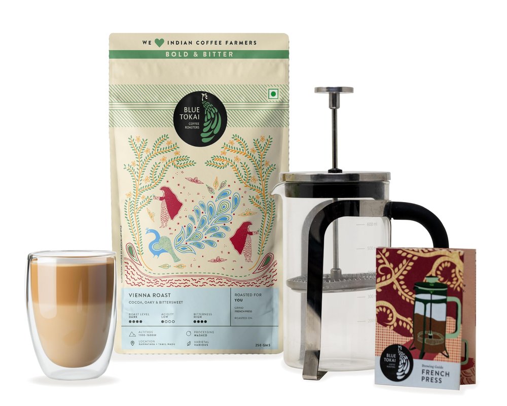 BBlue Tokai Coffee Roasters Starter Kit | Vienna Dark Roast | French Press Grind 250g | French Press 600ml | Bold & Rich Brew | Perfect Combo | Specialty Coffee | Freshly Roasted