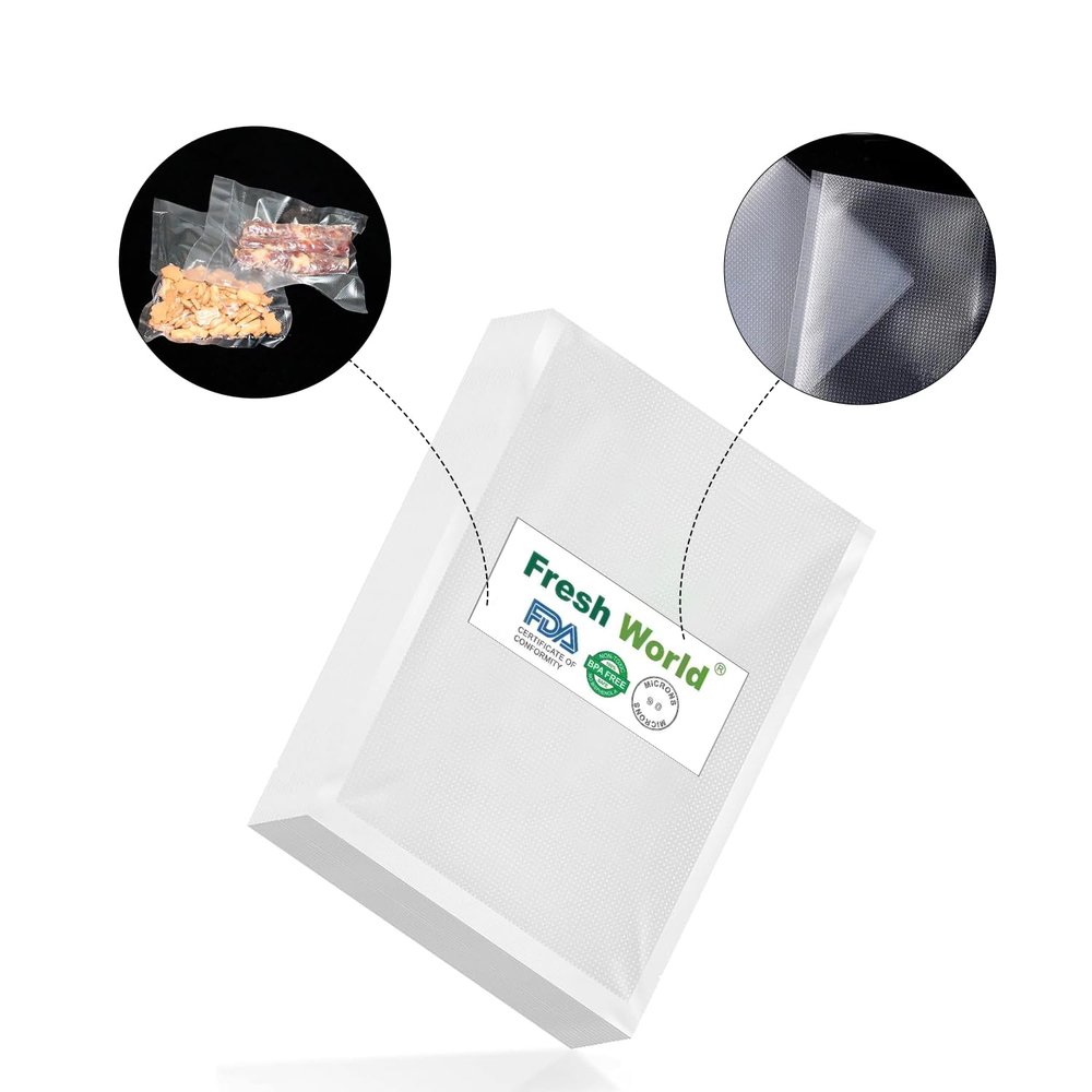 FRESHWORLD Food Grade; BPA-Free; Microwaveable; Ready Vacuum Bags with 90 Micron Thickness: travel friendly, Airtight, storage bags, packing | One Side Embossed ; (17cmx 25cm)(PACK OF 100)