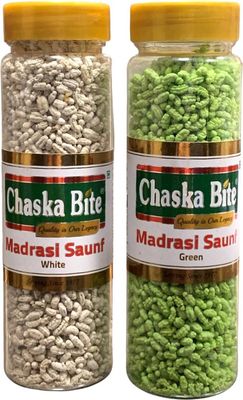 CHASKA BITE |Madrasi Saunf|Peppermint Mukhwas|Mouth Freshner|(White 100g and Green 100g Madrasi Saunf)Pure and Premium Mukhwas| Thandai Mint Saunf Fennel Seeds|Good for Bad Breath , Good for Digestion,After Meal and Drink Paan Flavour|Combo Pack of 2