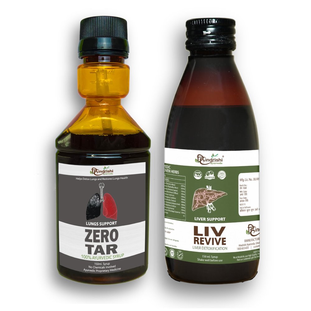 Hindrishi Ayurveda Zero Tar & Liv Revive Syrup, Lungs and Liver Detox - Removes Tar from Lungs and Liver Due to Air Pollution & Smoke, Liver Detox for Fatty Liver, Indigestion and for Healthy Liver Function (1 Zero Tar + 1 Liv Revive)