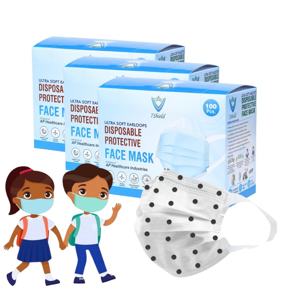 7Shield Kids Size Black dot printed Mask with Nose clip and soft fabric ear loop Mask 3 ply disposable filter protection breathable dust proof Water Resistant Surgical Mask(300)