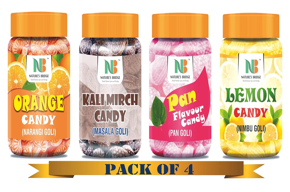 Nature's Bridge Sweet Candy (Orange, Pan, Kalimirch Masala, Lemon Flavour Candy) Combo Jar Pack of 4 Each 200 Gm