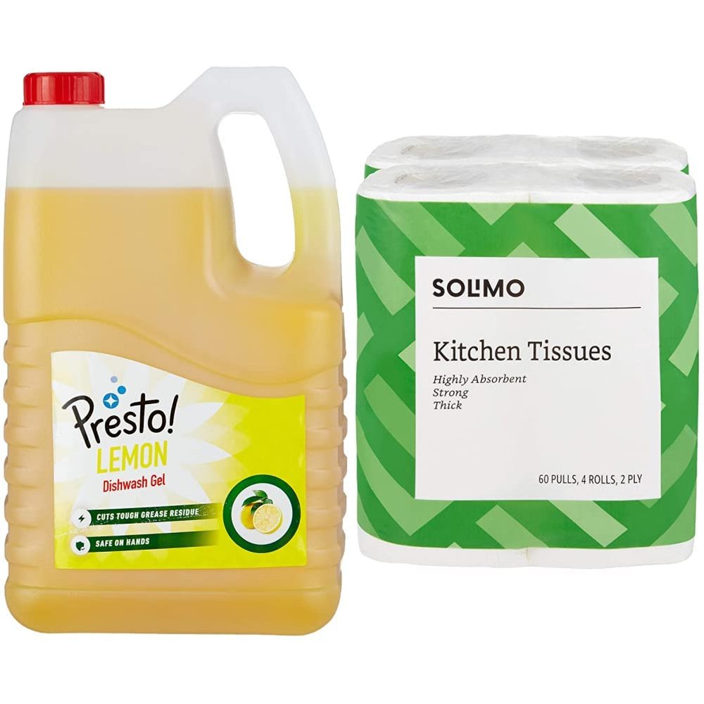 Amazon Brand - Presto! Dishwash Gel - 5 L (Lemon) & Amazon Brand - Solimo 2 Ply Kitchen Tissue Paper Roll - 4 Rolls (60 Pulls Per Roll)