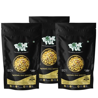 Bowlful Moongdal Sheera, 125 GMS Each Pack of 3, Combines Ghee, Yellow Split Grams, Milk and Dryfruits. 100% Natural, Freeze Dried Food
