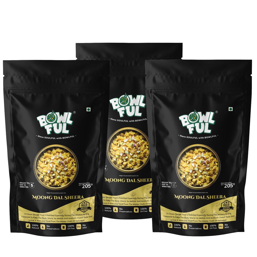 Bowlful Moongdal Sheera, 125 GMS Each Pack of 3, Combines Ghee, Yellow Split Grams, Milk and Dryfruits. 100% Natural, Freeze Dried Food