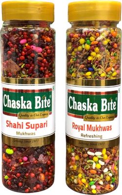 CHASKA BITE Shahi Navratan Mix Mukhwas Mouth Freshener (130g) & Royal Fresh Mix Mukhwas (130 g) (100% Natural Saunf Mix Mouth Freshener) 2 Bottles, 260g