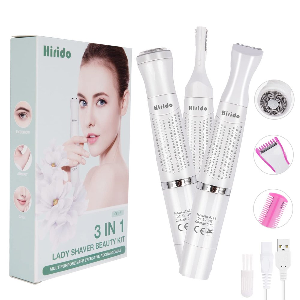 Electric Eyebrow Trimmer, Facial Hair Removal for Women, 3 in 1 Rechargeable Body Hair Razor, Painless and Flawless Electric Hair Remover Kit for Lady Face Peach Fuzz Lips Chin Arms Legs Bikini, White