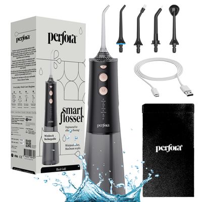 Perfora Smart Water Dental Flosser - 300ml | 2 Year Warranty | 5 Water Pressure Settings & 5 Nozzles, 1500mAh Battery | Rechargeable Dental Floss for Teeth Oral Care, IPX7 Waterproof (Black Gold)