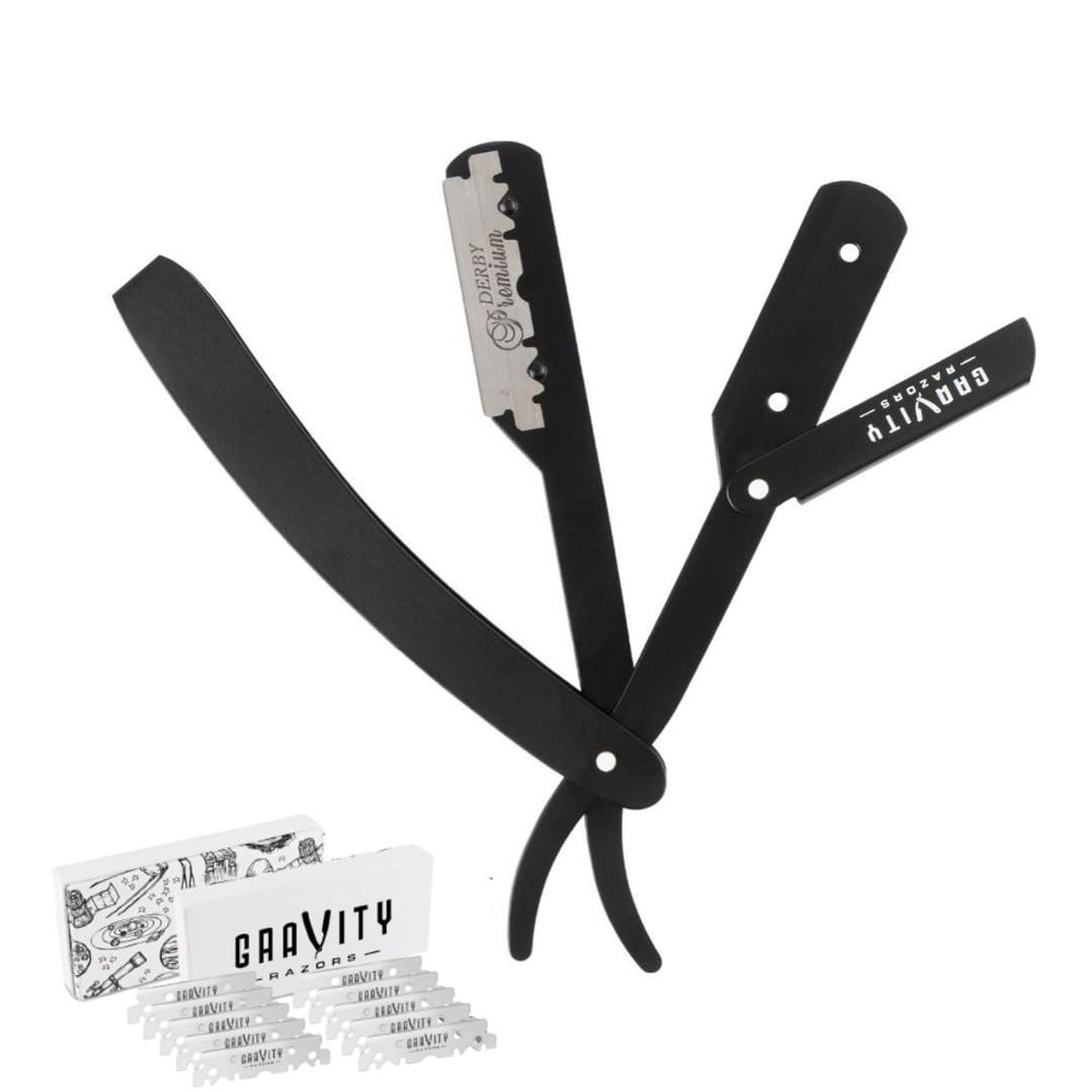 Barber Straight Razor - Stainless Steel Straight Razor Kit with 10 Derby Premium Blades (Black)