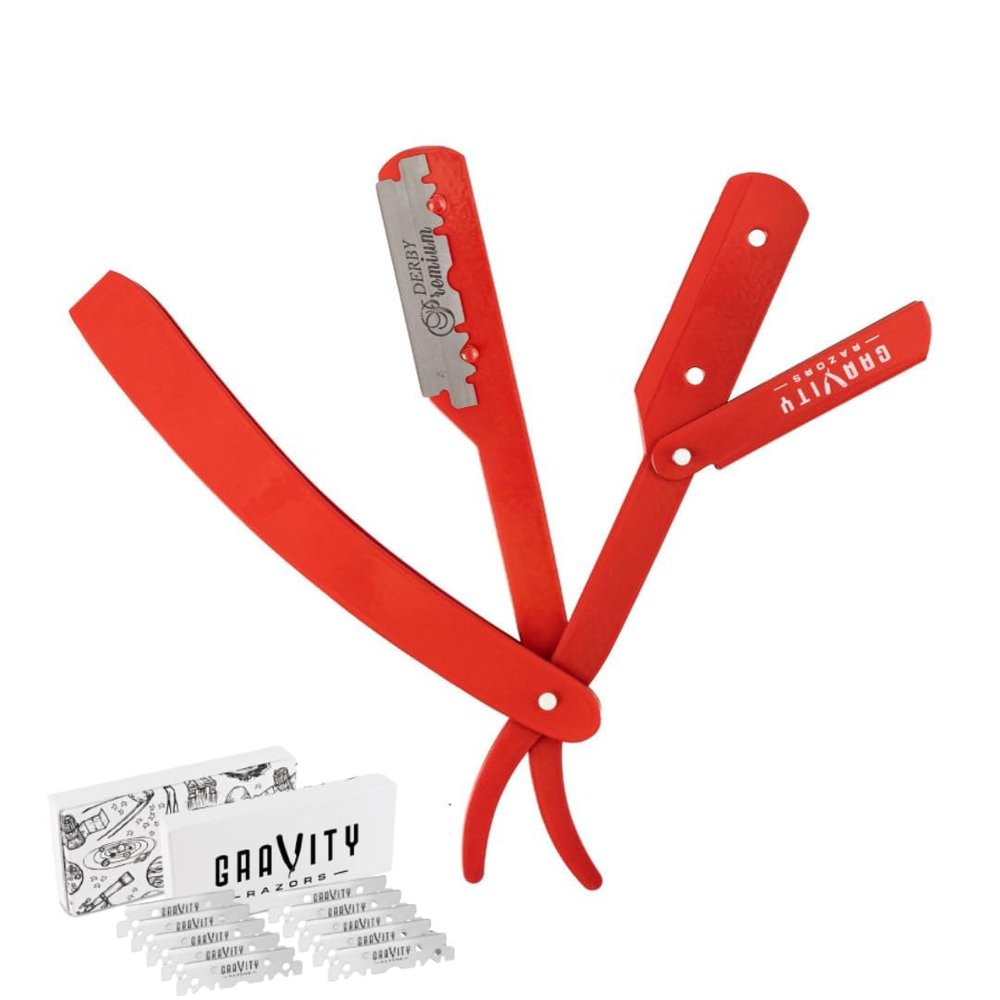 Barber Straight Razor - Stainless Steel Straight Razor Kit with 10 Derby Premium Blades (Red)