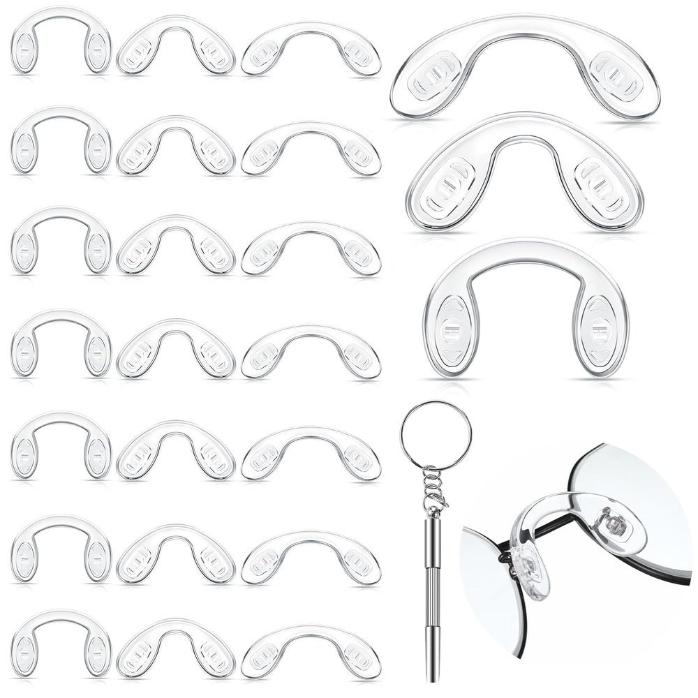 24 Pieces U Shaped Eyeglasses Nose Pads, Screw in Glasses Strap Bridge Silicone Nose Pads, 3 Size 42mm 32mm 28mm, Transparent Eyeglasses Nose Pads for Anti Slip Anti Drop Glasses Fixing Tool