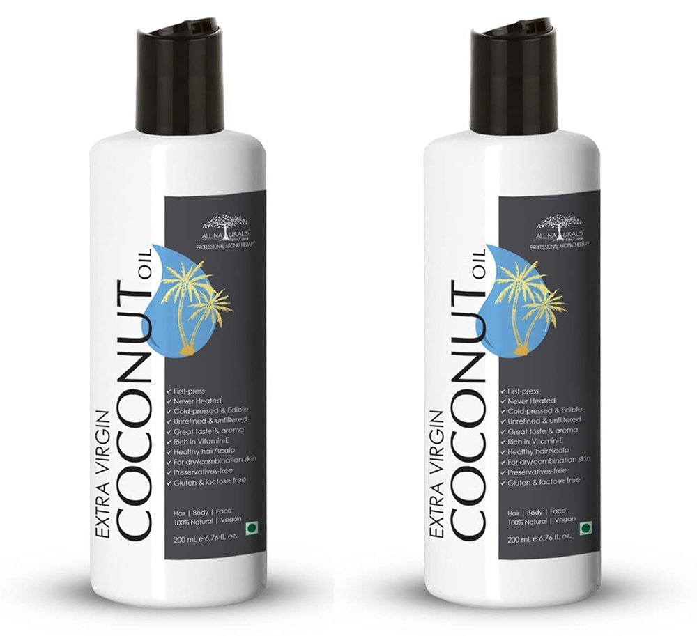 All Naturals Extra Virgin Coconut Oil 2 x 200 ML - Cold Pressed Edible Carrier Oil Pure & Undiluted for Cooking, Salads, Baby Massages, Hair & Skin Care, Memory