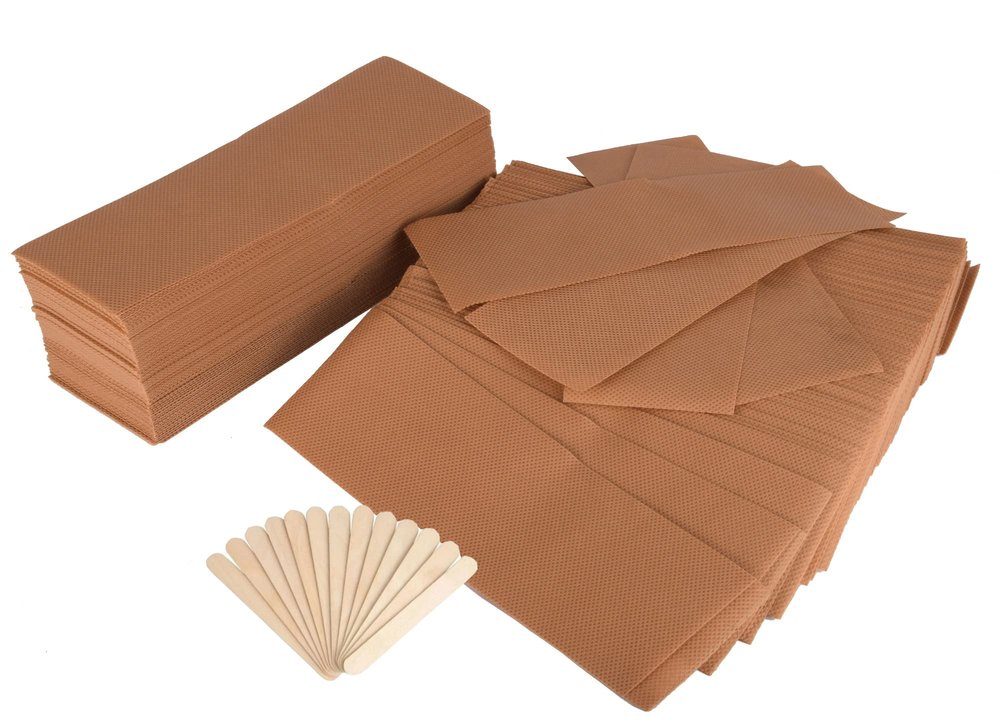 Nyamah Sales 100 Pieces Waxing Strip Non-Woven Wax Strip Hair Removal with 50 Pieces Wax Applicator Sticks for Men and Women Salon and Home Use (Brown)