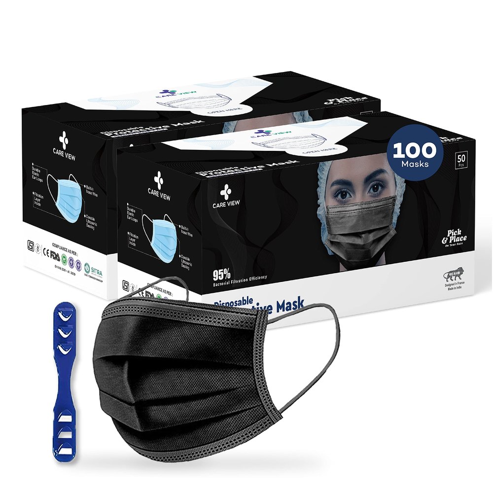 Medohealthy 3 Ply Disposable Cotton Face Masks (Pack of 100, Black) for Unisex with Nose Pin BIS, (ISI) Certified Mask with Melt Blown Layer