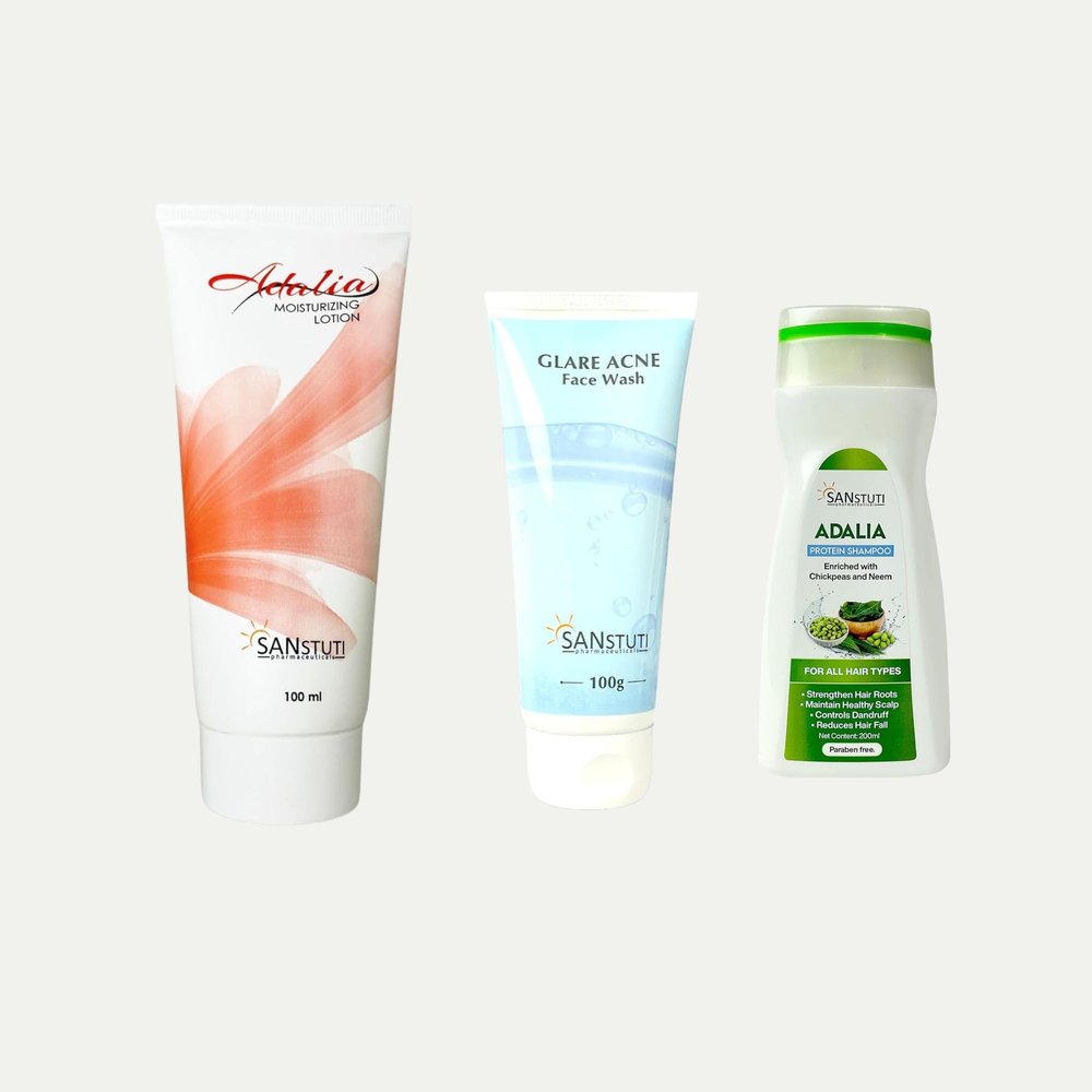 Adalia Combo Pack of 3 | Protein Shampoo (200ml), Moisturizing Body Lotion (100ml) & Glare Acne Face Wash (100g) | For Hair Fall Control, Deep Hydration & Pimples Removal | Suitable for All Skin & Hair Types|