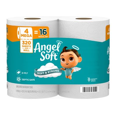 Angel Soft Toilet Paper, 4 Mega Rolls = 16 Regular Rolls, 2-Ply Bath Tissue