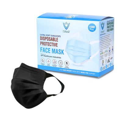 7Shield Disposable Surgical 3Ply Unisex Mask - Ultra Soft Fabric Wide Ear Loop, Comfortable, Inbuilt Plastic Coated Nose Pin, CE and ISO Certified, Convenient Box Pack (Black-100 pcs)