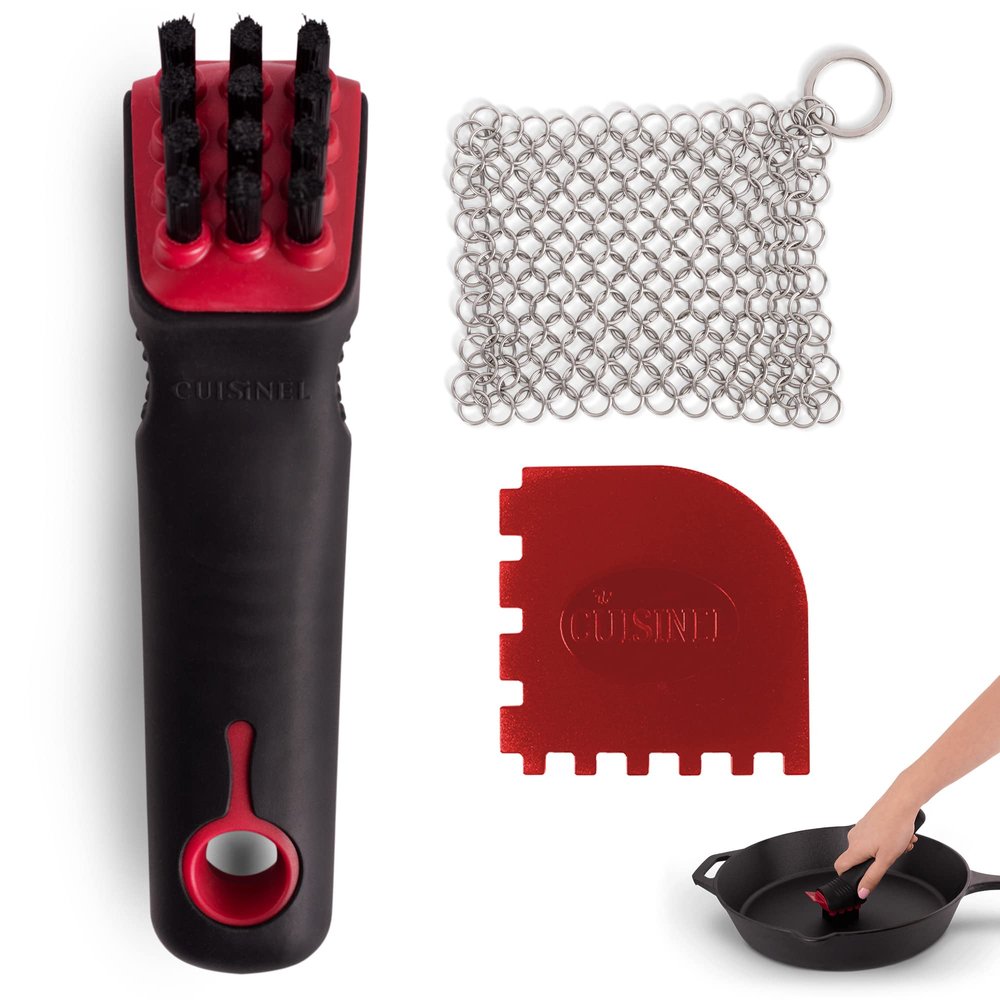 Cast Iron Scrubber Cleaning Brush + Stainless Steel Chainmail + Pan Scraper - Skillet and Grill Cleaner Kit- Soft-Touch Confident-Grip Dish Scrub Tool - Bristles are Tough on Grease-Gentle on Cookware
