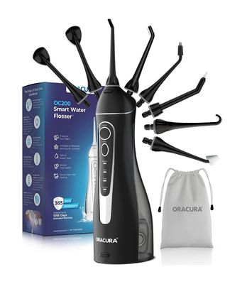ORACURA OC200 Dental PRO Smart PLUS Water Flosser Black, 8 Nozzle Tips, Portable & Rechargeable, Custom 8 Water Pressure Settings, 200ml Tank Capacity, IPX7 Waterproof, 365 Days Warranty