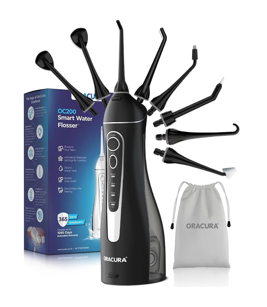 ORACURA OC200 Dental PRO Smart PLUS Water Flosser Black, 8 Nozzle Tips, Portable & Rechargeable, Custom 8 Water Pressure Settings, 200ml Tank Capacity, IPX7 Waterproof, 365 Days Warranty
