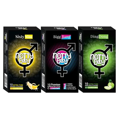NOTTY BOY Multi Combo Pack - 30 Pieces | Extra Thin Green Apple and Banana Flavoured, 4IN1 (Ribbed, Dotted Contoured, Delay) | Scented Condom Safe For Oral | Multi Texture Condoms For Men