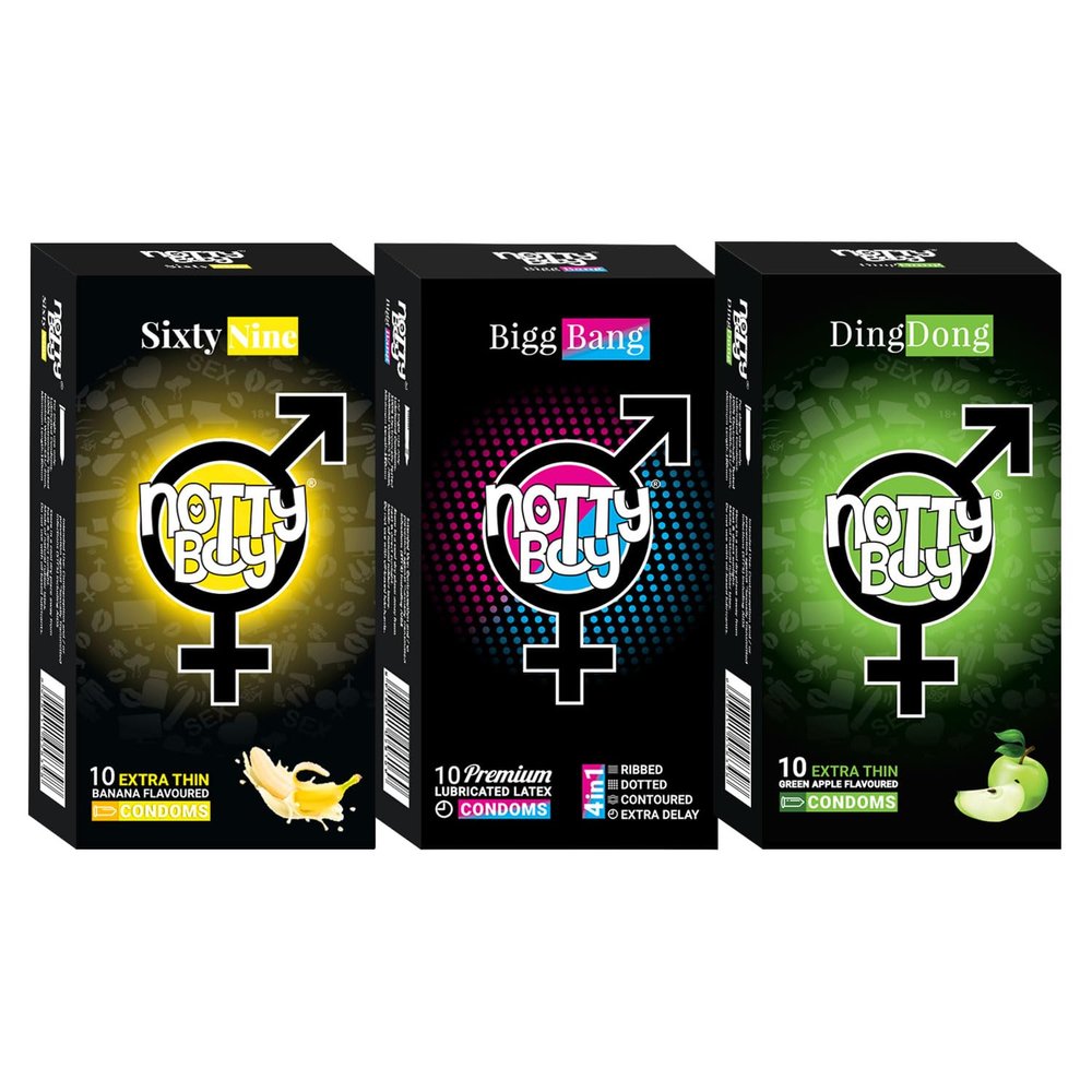 NOTTY BOY Multi Combo Pack - 30 Pieces | Extra Thin Green Apple and Banana Flavoured, 4IN1 (Ribbed, Dotted Contoured, Delay) | Scented Condom Safe For Oral | Multi Texture Condoms For Men