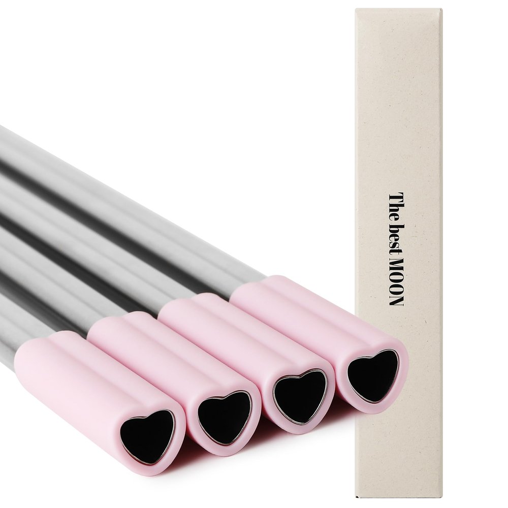 The best MOON Heart Shaped Stainless Steel Reusable Metal Straws with Pink Silicone tips (Set of 4 straws) for Valentines day Christmas Birthday gift