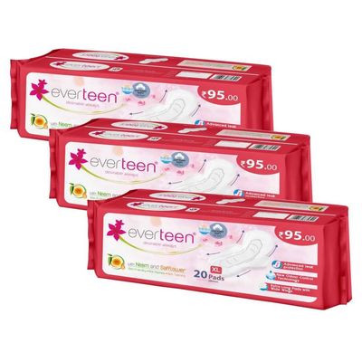 everteen Period Care XL Soft 60 Sanitary Pads for Women, 280mm Sanitary Napkin Infused with Neem-Safflower Rash Free, For Medium Flow X Large- 3 Packs (20 Pads Each)