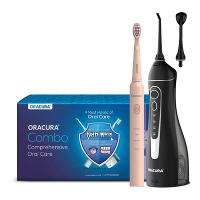 ORACURA Daily Care Combo OC200 Smart PLUS Water FlosserBlack & SB200 Sonic Lite Electric Rechargeable Toothbrush Peach