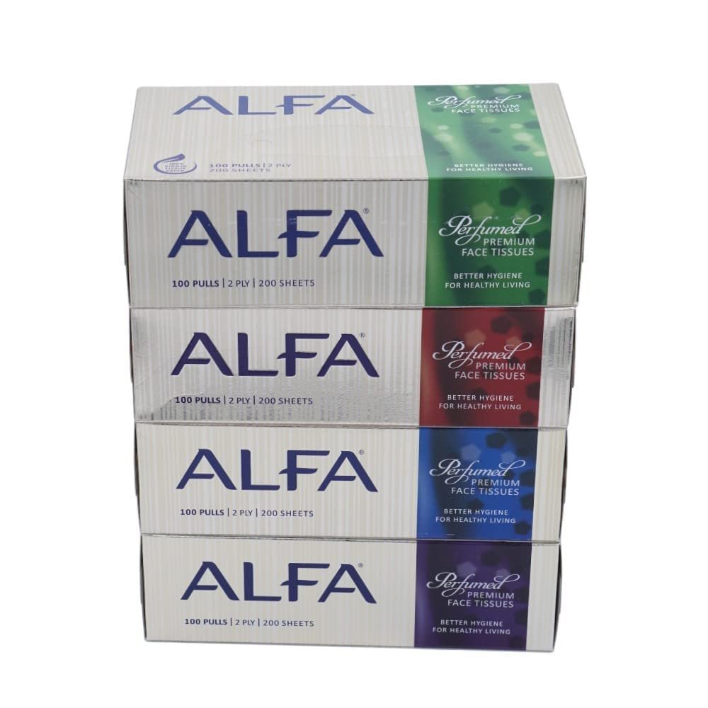 Alfa 2 Ply Perfumed Facial Tissues 100 Pulls 200 Sheet per Box (Pack of 4 Fragrances)
