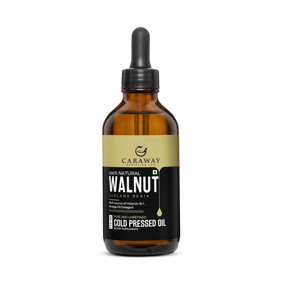 CARAWAY Walnut Oil Cold Pressed - Certified Organic Walnut Oil for Thyroid Massage - Edible Grade Rich in Omega-3-118 ml / 4 oz