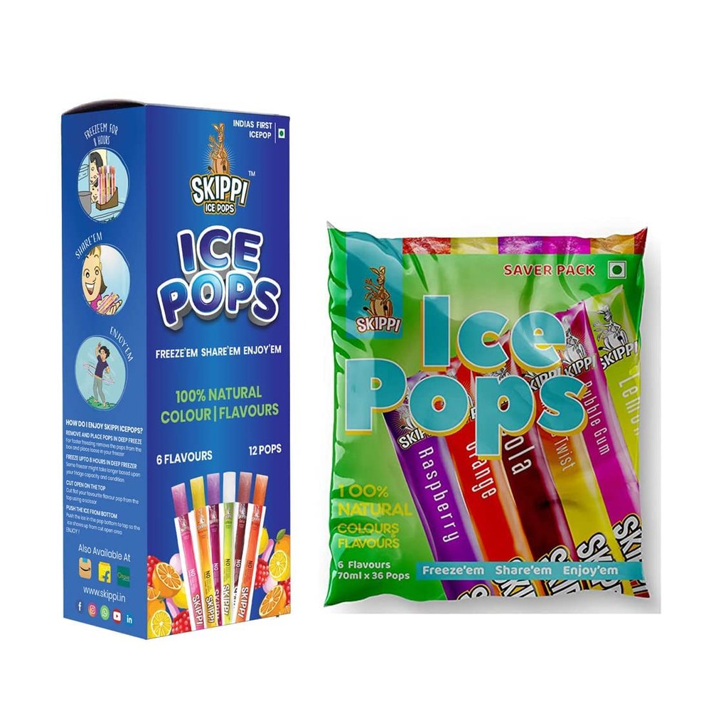 Skippi Icepops 100% Natural Ice Popsicles (Lemon, Mango, Orange, Raspberry, Bubblegum and Cola - 48 pops)