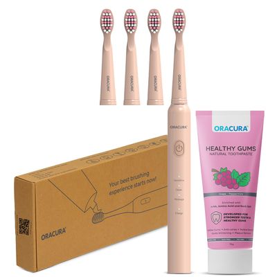 ORACURA SB200 Peach Smart Sonic Toothbrush for Men & Women + Smart Sonic Electric Tooth Brush with 3 Brush Heads + Healthy Gums Natural Toothpaste (Grapes)