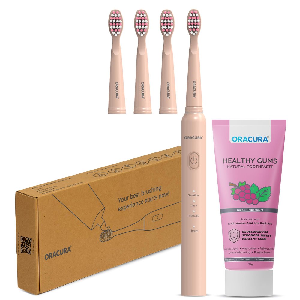 ORACURA SB200 Peach Smart Sonic Toothbrush for Men & Women + Smart Sonic Electric Tooth Brush with 3 Brush Heads + Healthy Gums Natural Toothpaste (Grapes)