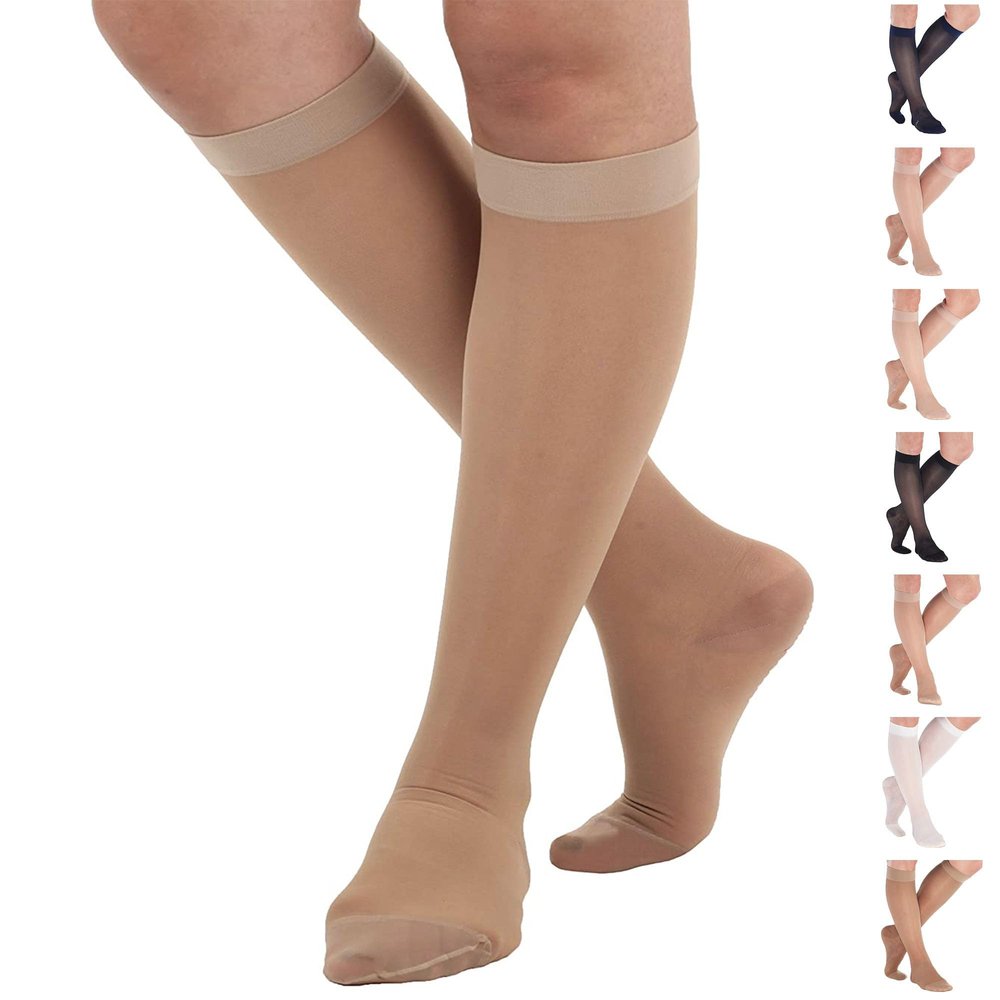ABSOLUTE SUPPORT Travel Compression Knee High for Women 15-20mmHg - Sheer Compression Support Hose Stockings for Flight Hiking Recovery Travel Natural, Medium