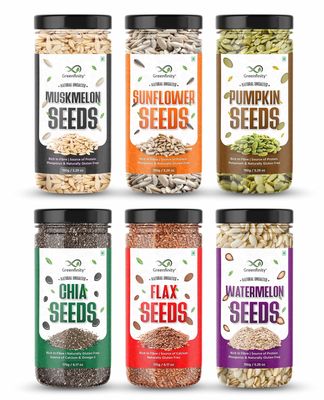 GreenFinity 950 gram Raw Seed Combo (Pack of 6) Nutrient-Packed Chia, Flax, Pumpkin, Sunflower, Watermelon & Muskmelon Seeds with Omega 3, Protein, Zinc & Fiber