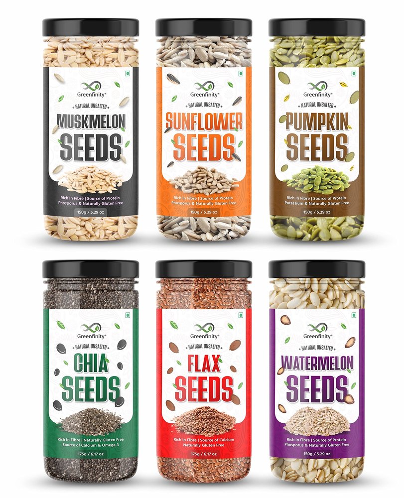 GreenFinity 950 gram Raw Seed Combo (Pack of 6) Nutrient-Packed Chia, Flax, Pumpkin, Sunflower, Watermelon & Muskmelon Seeds with Omega 3, Protein, Zinc & Fiber