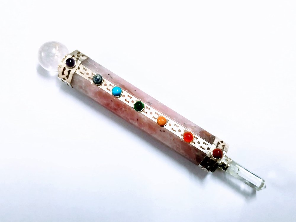 AB Traders Tarot Supplies-Rose Quartz Healing Wand With Seven Chakra And Clear Quartz-14.5Cm Approx