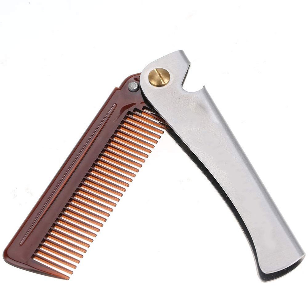 Folding Beard Comb, Anti-Static Portable Beard Comb, Husband for Papa(Amber pp+ Stainless Steel)